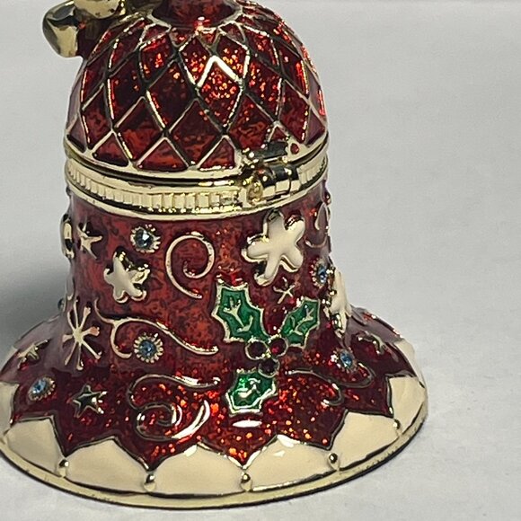 Red and Gold Jingle Bell Jeweled Enamel Trinket Box Hinged Magnetic Collectible - Picture 2 of 7